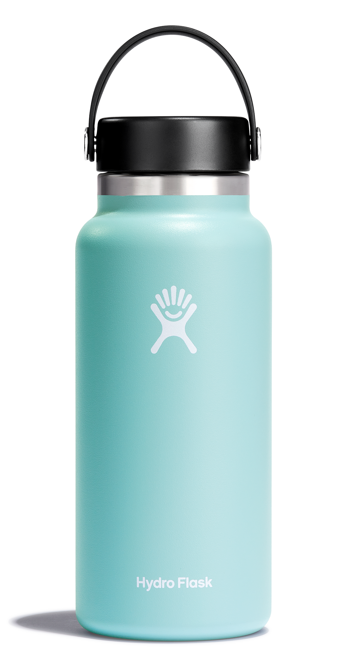 Hydro Flask Wide Mouth Insulated Water Bottle in mint color with Flex Cap, designed for cold and hot drinks on the go.